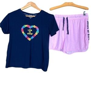 Life is Good short pajama set Size Small Rainbow flower heart top & pink Small